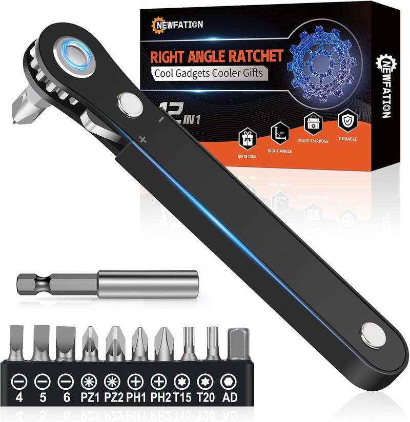 NewFation Ratcheting Screwdriver Men Gifts-Right Angle Screwdriver 90 Degree Offset Screwdriver Bit Set Low Profile Pocket Screwdrive For Tight Space Cool Gadget EDC Gear Gift For Men Him Dad Husband (12-IN-1) - Image 1